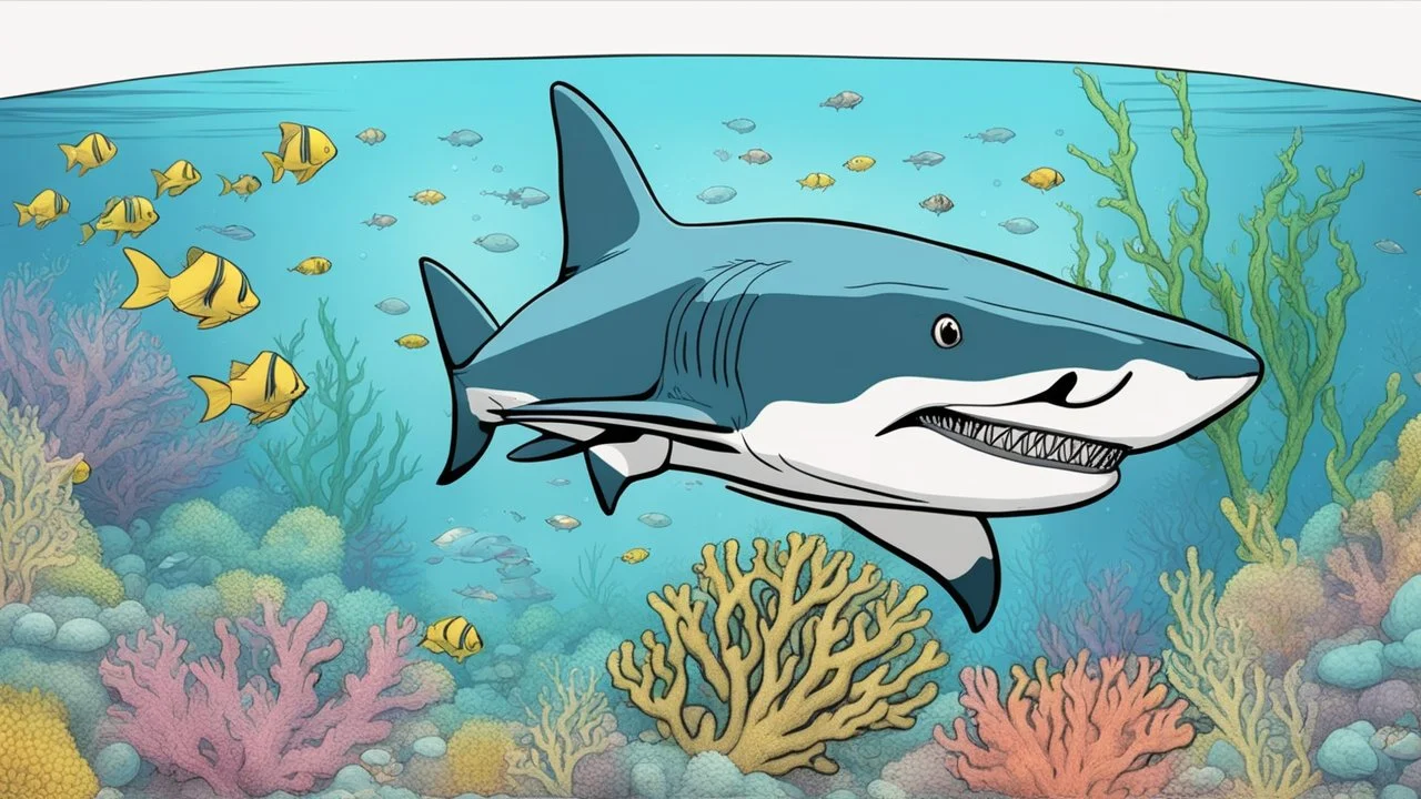 comic style, realistic coloring, underwater, coral reef, shark