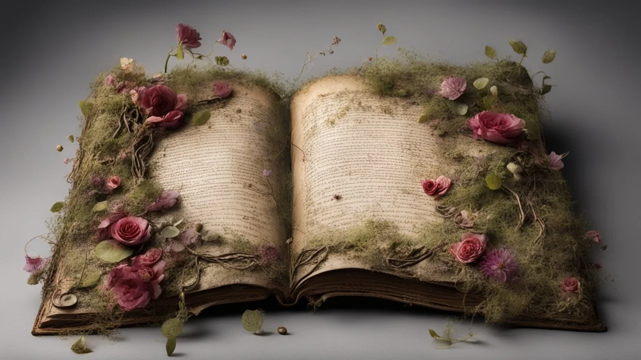 ancient spellbook, cover made from flowers, vines, tattered, loose pages