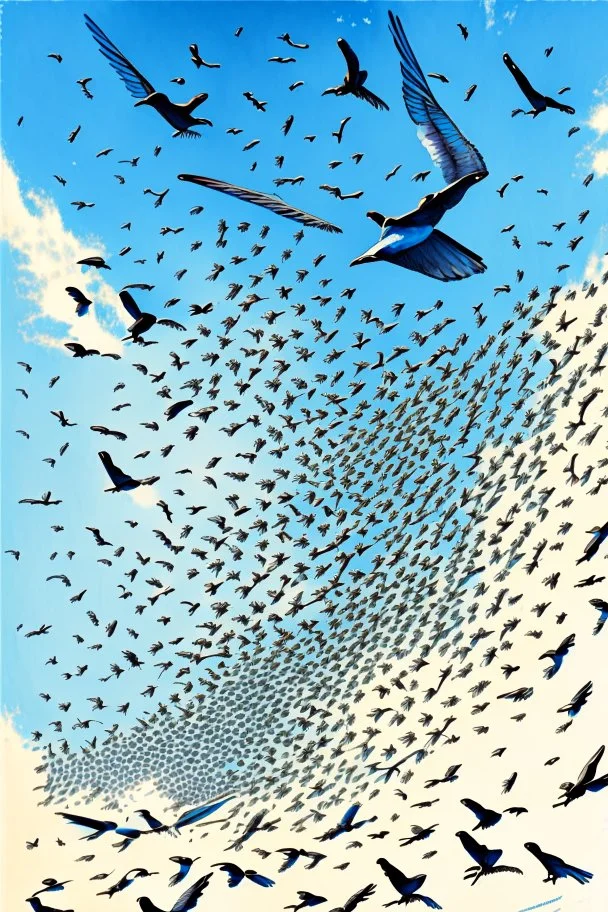 realistic drawing of a swarm of detailed swallows in the blue sky. look above from the ground, trees surrounding, swallows flying high.