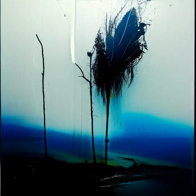 Minimal abstract flat oil painting of a neon large leaf plant in landscape. With triadic blue colours. Dripping paint. In the style of Justin Mortimer and Phil Hale, Ashley Wood