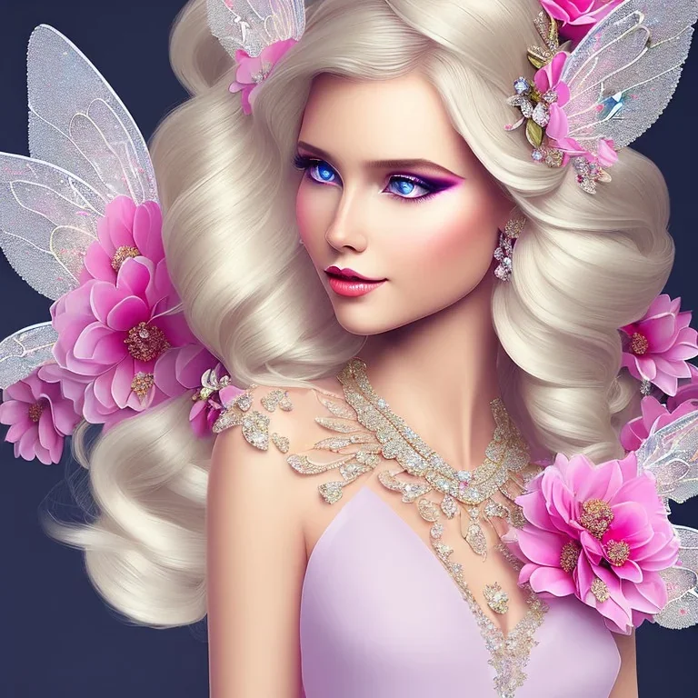 fantasy fairy with transparent wings, smiling, make up, long platinum blond hair with crown and flowers, pink dress