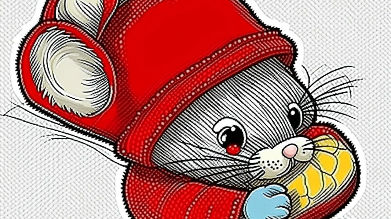 fantasy cartoon style illustration: red mitten with the mouse peeking out