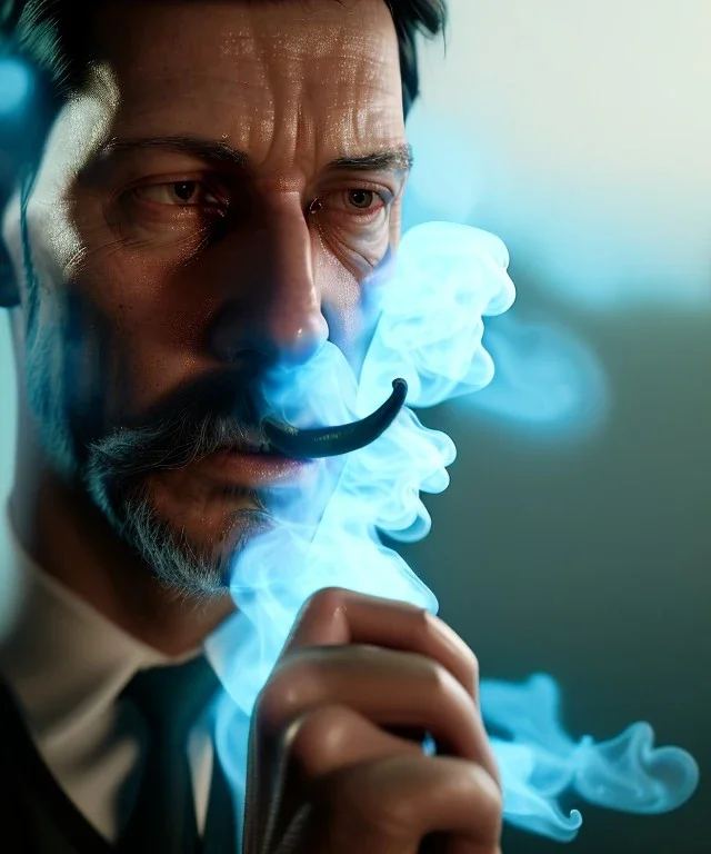 Realistic image, a guy making the fuck you gesture with his hand, blue smoke coming out of his eyes, nose and mouth. soft color, highly detailed, unreal engine 5, ray tracing, RTX, lumen lighting, ultra detail, volumetric lighting, 3d, finely drawn, high definition, high resolution.