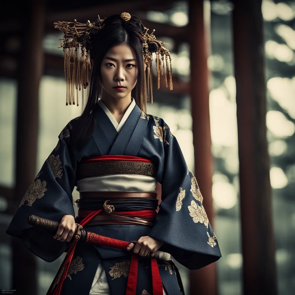 Behold the powerful alluring and pretty Japanese samurai woman, her body adorned with the traditional samurai costume, HDR, beautifully shot, hyperrealistic, sharp focus, 64 megapixels, perfect composition, high contrast, cinematic, atmospheric, moody