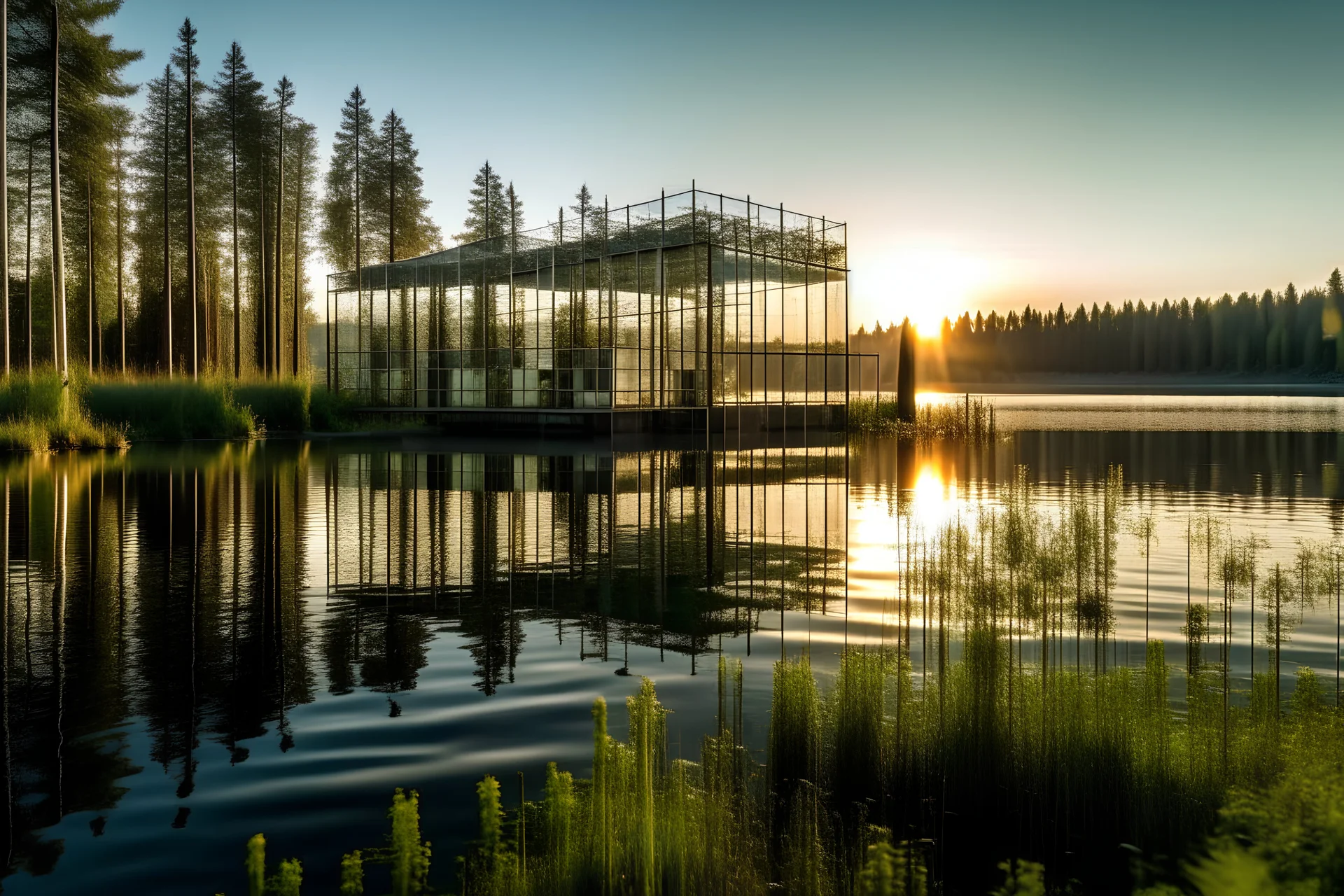 Ethereal glass structure that is half submerged in the lake, rises out of the water of a serene lake, repurposed warehouse, offices and art studios, at sunrise, high contrast, modular offices and agritecture of green plants, midcentury modern minimal, suspended over a serene body of water in Oregon, showcasing the innovative architectural style of Renzo Piano, captured by Hiroshi Sugimoto, with some of the windows green glass, triangluar, professional architecture plan --ar 16:9