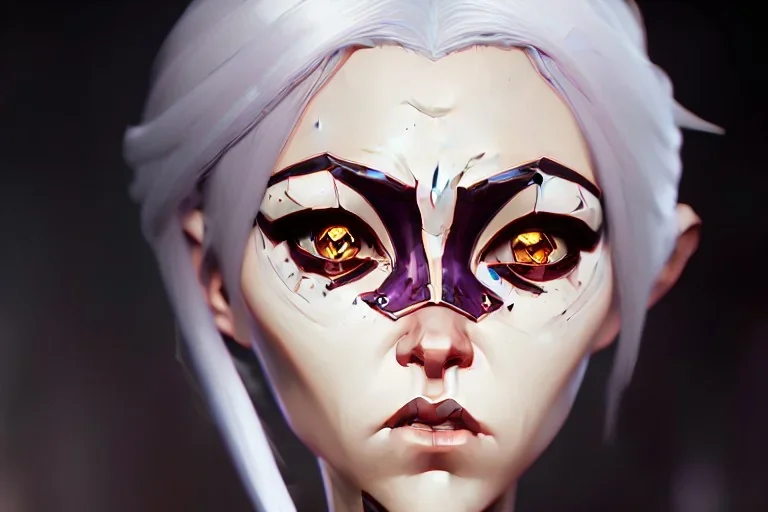 portrait fantasy mechanical woman pearl white hair doll eyes war-forged