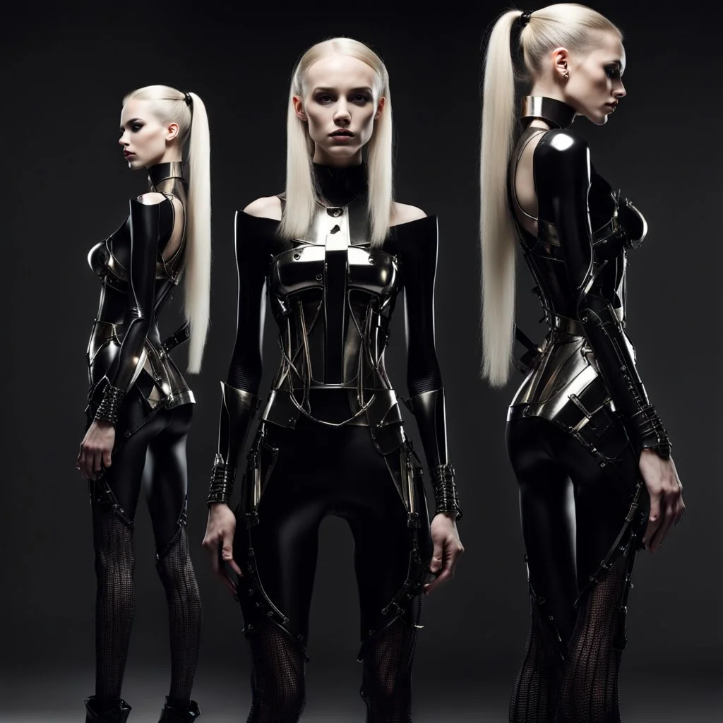 beautiful caucasian half cyborg woman, black metal body and limbs, chrome details, anorexic figure, blond bob haircut