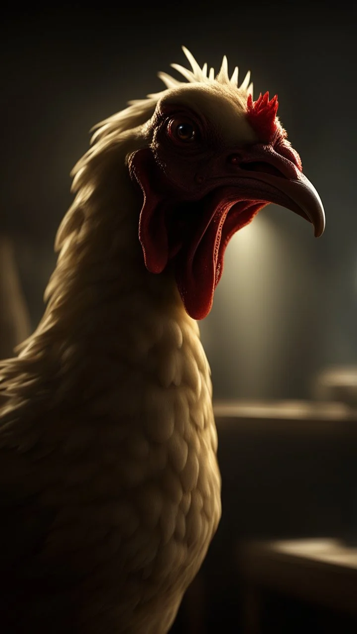 chicken monster with eerie lighting and a haunting atmosphere , photo / ultra realistic."