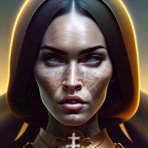 portrait of megan fox as a sultry nun, catholic, church, bible, christian, intricate, headshot, highly detailed, digital painting, artstation, concept art, sharp focus, cinematic lighting, illustration, art by artgerm and greg rutkowski, alphonse mucha, cgsociety