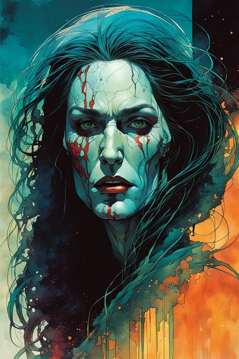 create an imaginative print illustration of an ethereal, otherworldly gaunt and withered ancient Romanian female Strigol vampire , in the comic book art style of Bill Sienkiewicz, Mike Mignola, and Jean Giraud Moebius, with highly detailed feminine facial features