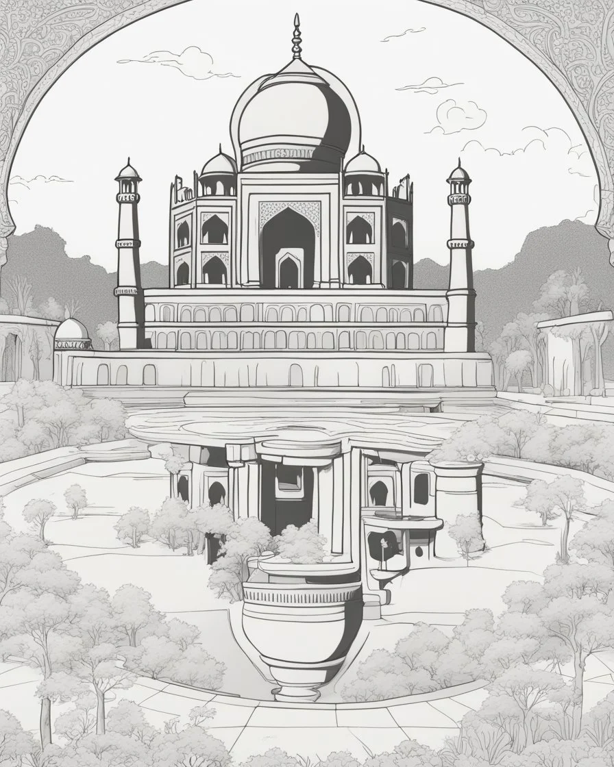 a coloring book, coloring page, depicting the Taj Mahal, with a scene of trees and a pool in front, cartoon style, highly defined, full body,