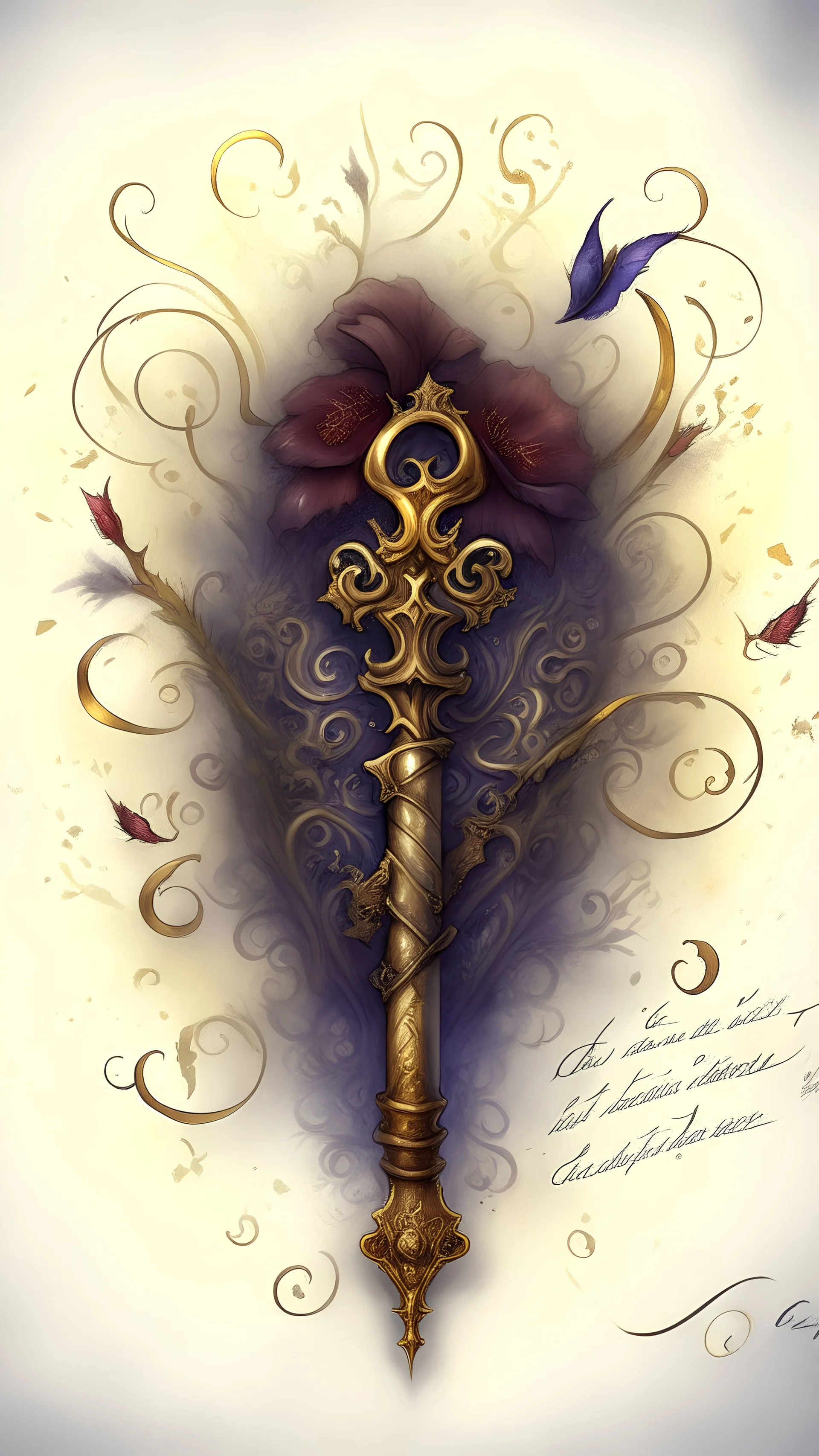 watercolor drawing gothic burgundy letter with a gold key with flowers, and lace, on a white background, Trending on Artstation, {creative commons}, fanart, AIart, {Woolitize}, by Charlie Bowater, Illustration, Color Grading, Filmic, Nikon D750, Brenizer Method, Side-View, Perspective, Depth of Field, Field of View, F/2.8, Lens Flare, Tonal Colors, 8K, Full-HD, ProPhoto RGB, Perfectionism, Rim Li