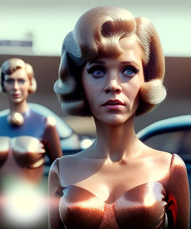 Ultra Realistic retro sci-fi movie Supermarket parking people scene, 1960 year, waist up view portrait, 2 clones blonde women, sweet teenager Jane Fonda face, perfect iris, glow eyes, face makeup, tight latex coat. many people looking, Retro sci-fi style, soft color, highly detailed, unreal engine 5, ray tracing, RTX, lumen lighting, ultra detail, volumetric lighting, 3d, finely drawn, high definition, high resolution.