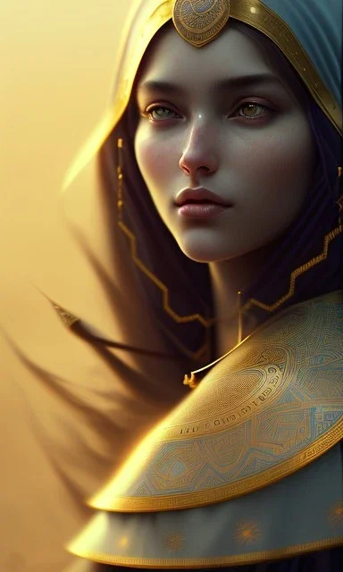 Arabic poet , cute, beautiful, long hair, wavy hair, black eyes,A tuft of hair on the face,Arab cloak، head and shoulders portrait, cinematic, 8k, resolution concept art portrait by Greg Rutkowski, Artgerm, WLOP, Alphonse Mucha dynamic lighting hyperdetailed intricately detailed