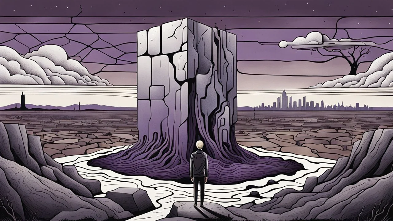 a nonbinary human figure stands inner an giant block of stone consisting of several layers outside around weird landscape with city in the distance, sharp lines, fade pale eyes, fade human figures in city, dark purple, gray, black, white, brown. Whimsical style and surreal vibe, lonely with absurd broken land, neuron network background, surreal nightmare vibe