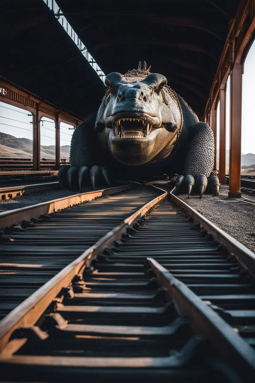 A giant creature looks like big food laying on a train train cargo .it is tied up to the train with. Lot of iron chains , no roof on the train