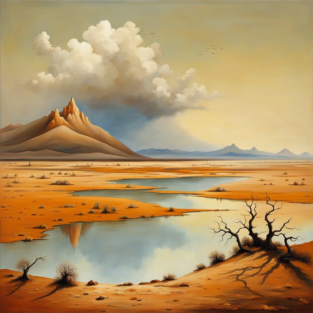 clouds, arid land, distant mountains, dry trees, pond, impressionism painting, Yves Tanguy