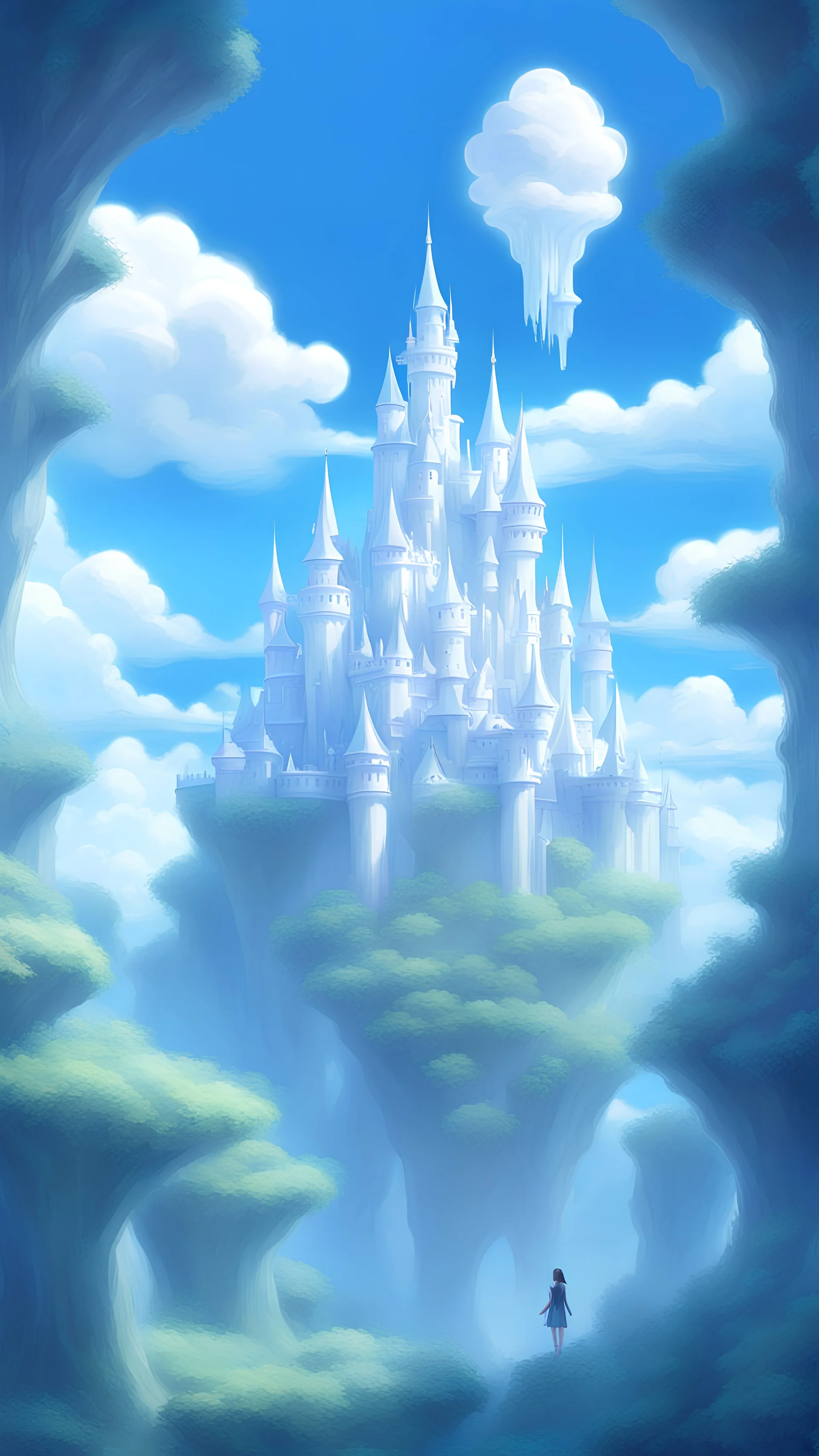 Castle in the Sky Forest Arbesque Avatar Fantasy White Clouds Fairy Tale HD Clear Delicate White Blue, 8K 8k 优雅的 美丽的 数字绘画 高细节 幻想 电影灯光 错综复杂 美妙的景色 亚克力艺术 很有魅力 超现实 幻想之城风格 层次感 高质量 高分辨率 品质清脆 摄影风格 大景深