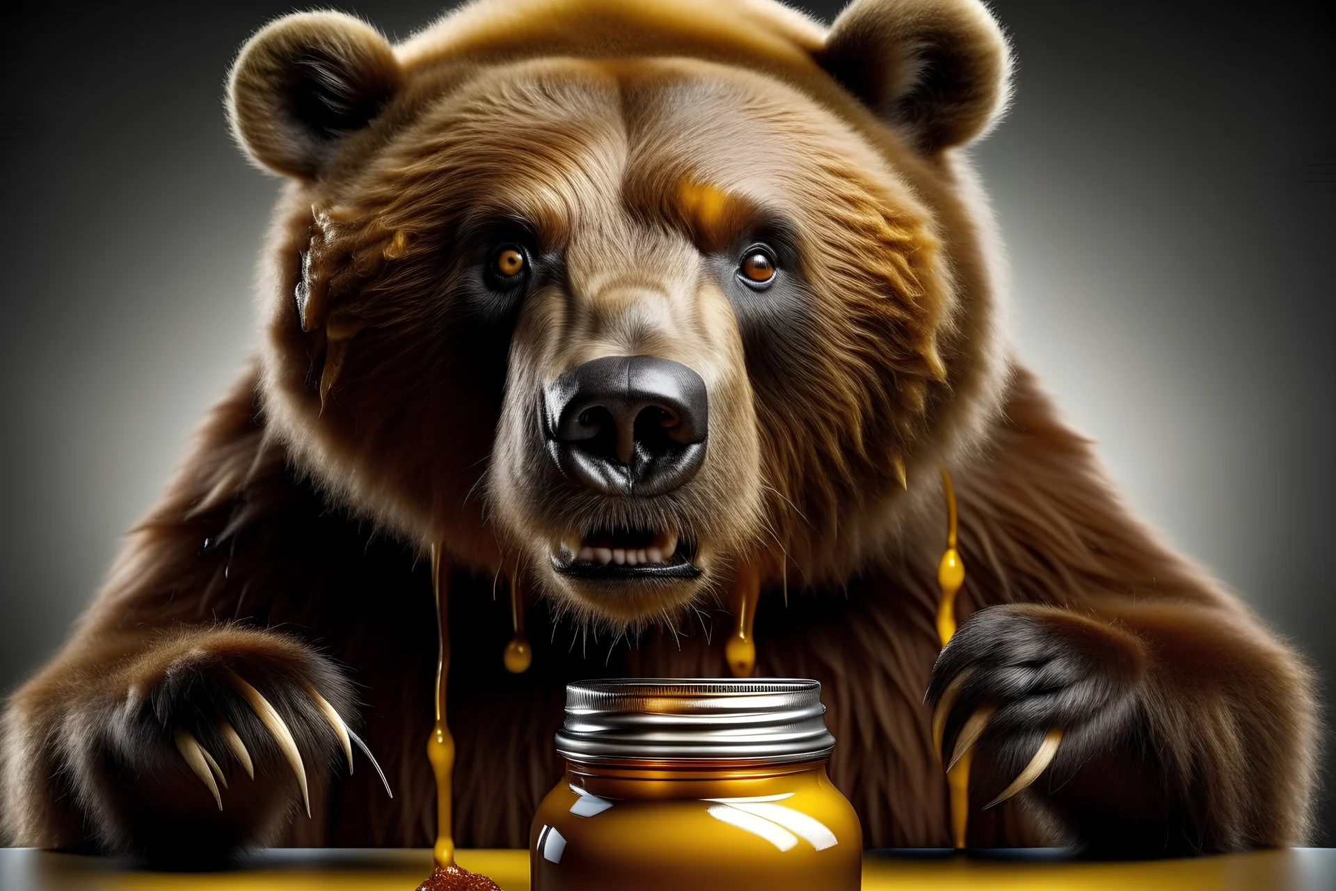 comedic fat bear with hair bows eating out of a jar of peanut butter photo real yet heavily airbrushed