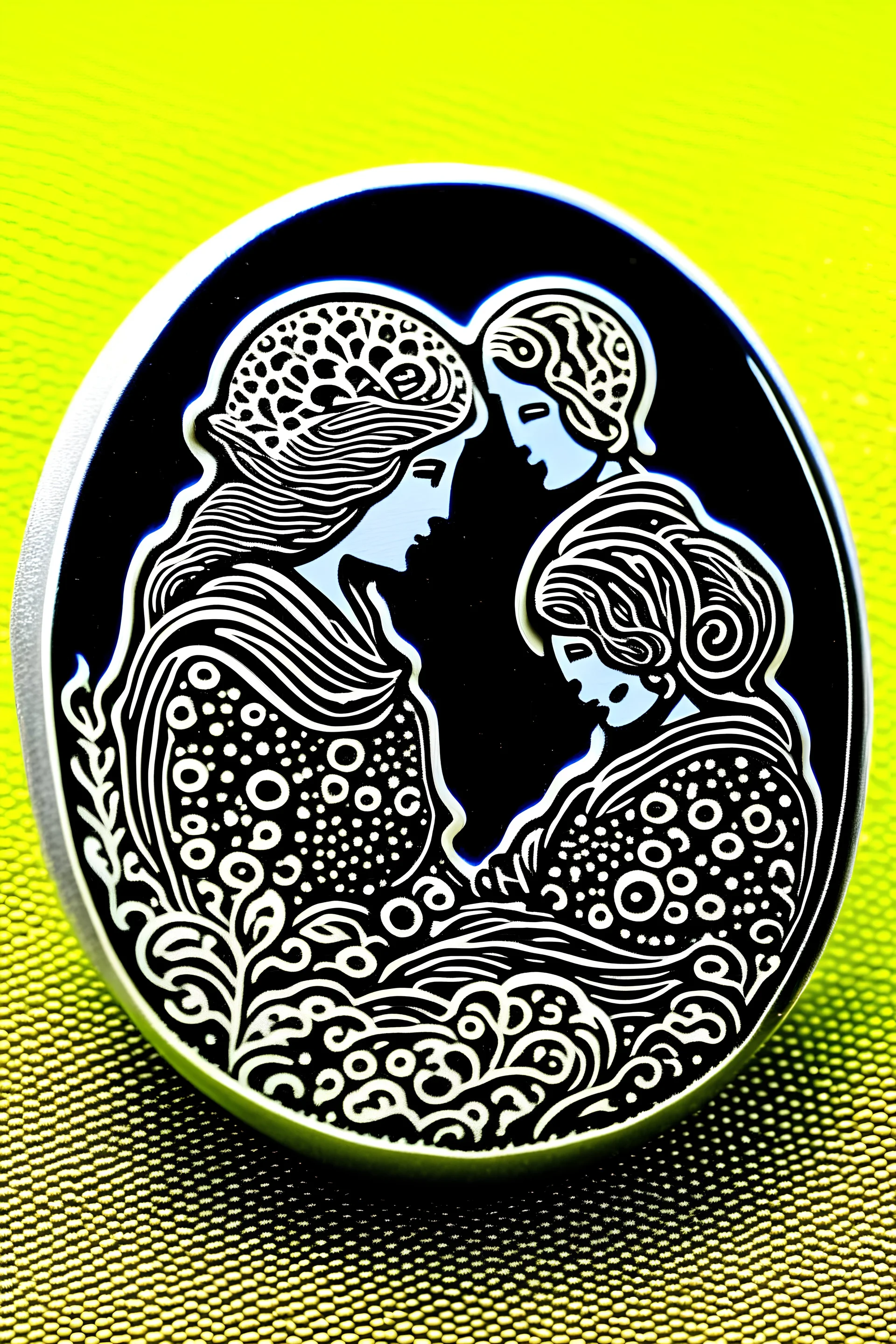A design printed on a brooch that expresses the fight against gender-based violence in one colour