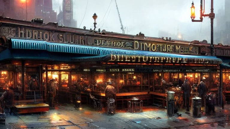 1950 diner on pier, corner steampunk store, Gothic Metropolis harbour, Gotham city , pipe,wire, tube, book illustration by Jean Baptiste Monge,Jeremy Mann, Details building cross section , strong lines, high contrast vibrant colors, highly detailed, exterior illustration