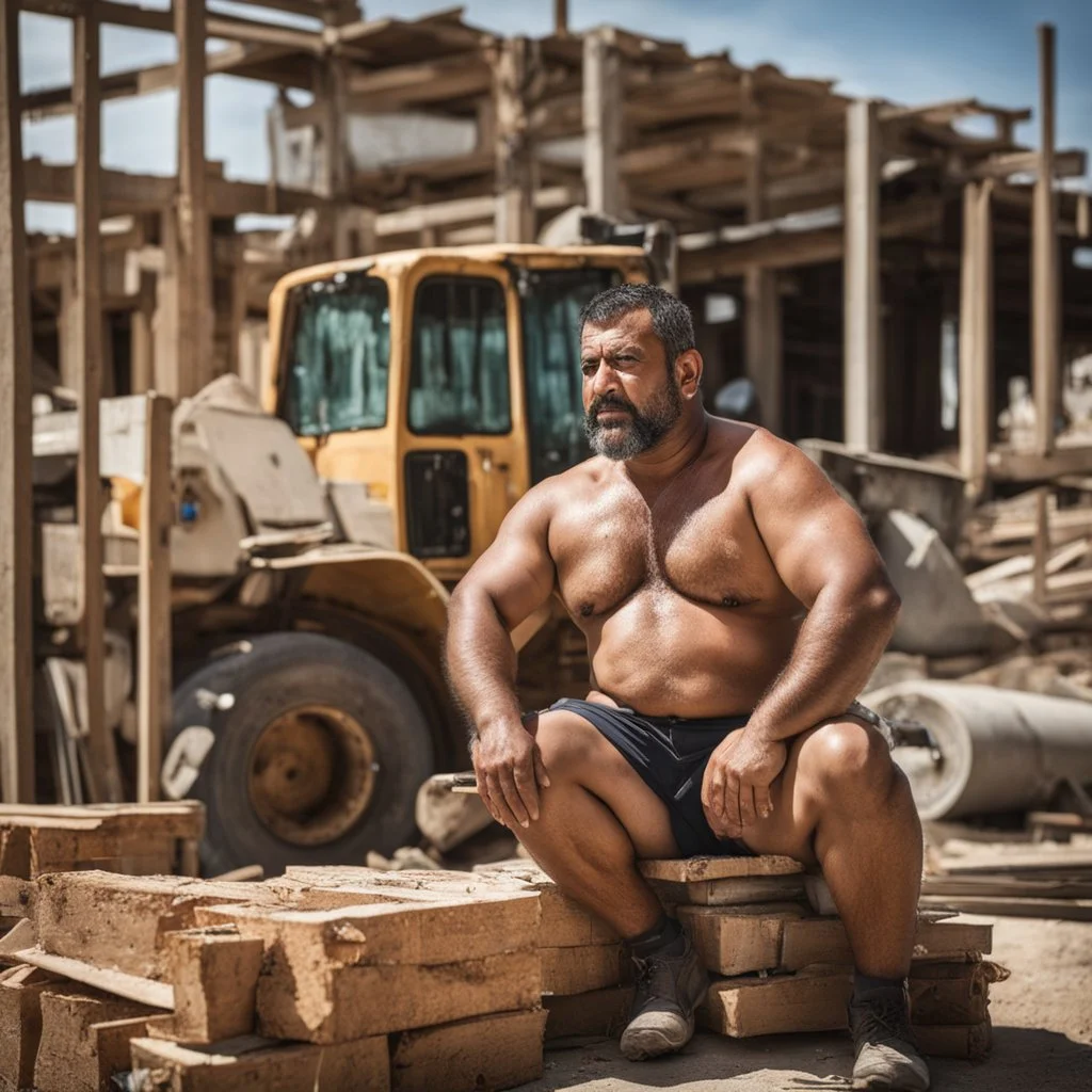 close up photography of a arab ugly burly serious wet sweaty, muscular chubby strong fat carpenter, shirtless, in broken dirty short pants, bulge, manly chest, very hairy, allover big goatee 46 years old, short hair, sitting with open legs on a little chair , on a construction site in the middle of a road, under the August sun, emotional eyes, , hyper-realistic, photorealistic , frontal view from the ground