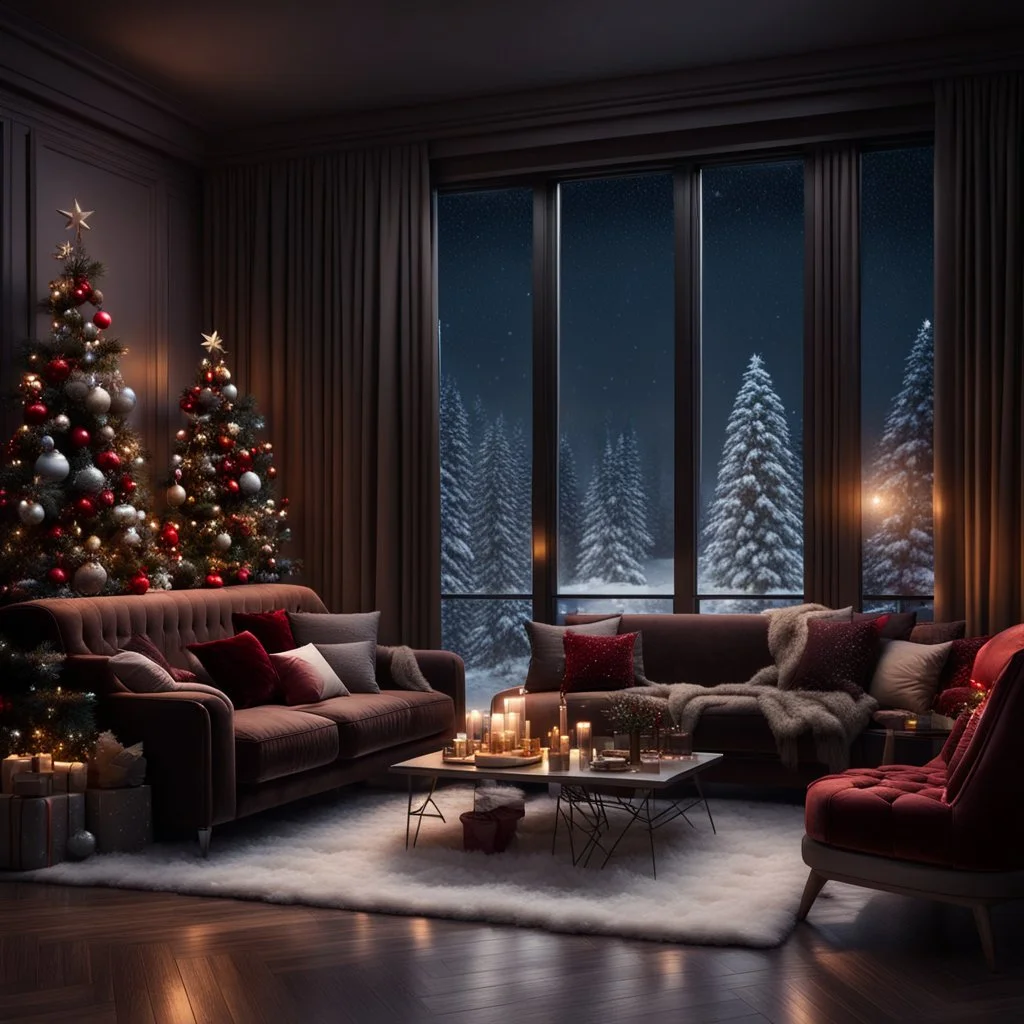 Hyper Realistic Dark Brown Living Room With Fancy Velvet Furniture & Christmas Decoration at snowfall night from window view