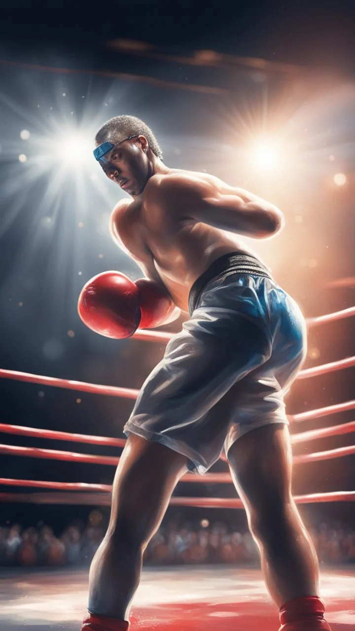 knock out in the ring, picking up body, in spotlight, magazine cover illustration with spray paint, signed, bokeh like, down-light, unreal engine, prize winning