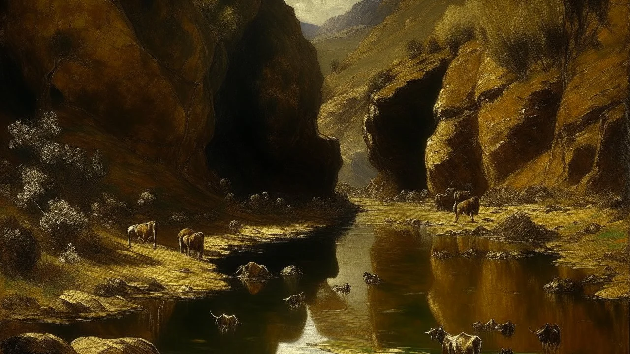 A brownish bronze canyon with tar pits painted by Claude Monet