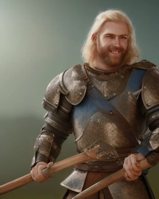 strong medieval men warrior with blond short hair, blue eyes and wide warm smile with an axe with green and brown clothes