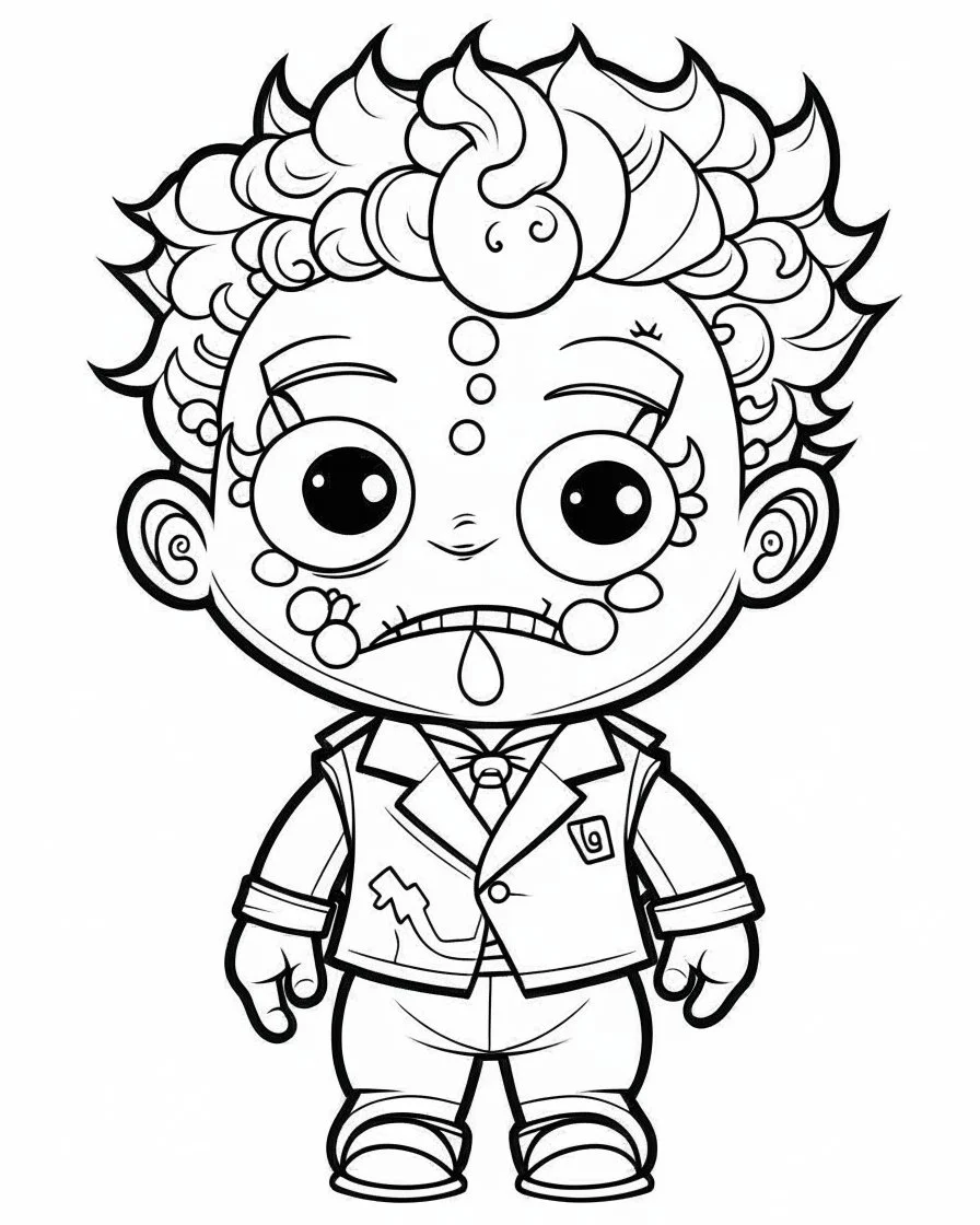 outline art for halloween coloring pages for kids with cartoon cute happy frenkeinstein , white background, Sketch style, full body, only use outline, clean line art, white background, no shadows and clear and well outlined, coloring page for kids, kawaii style