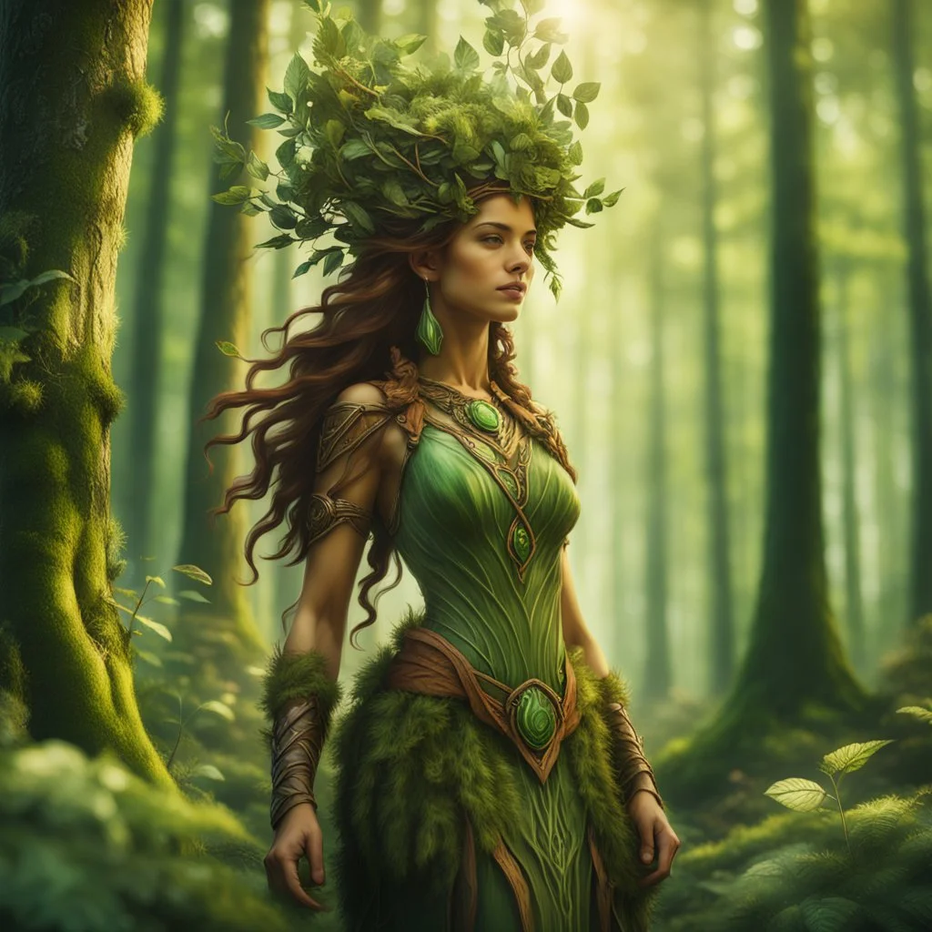 create a full body portrait of a forest dryad enchantress , with highly detailed, sharply lined facial features, in the deep forest of Brokilon , finely inked, in rustic colors, 4k in the style of Peter Mohrbacher source vibrations, bokeh like f/0.8, tilt-shift lens 8k, high detail, smooth render, down-light, unreal engine, prize winning