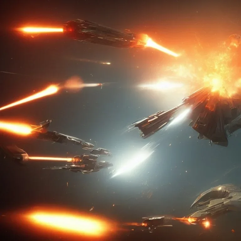 EXPLODING SPACESHIP SHOOTING LASERS IN BATTLE, cinematic lighting, 4k, 8k, octane render, digital concept art, pinterest, extremely detailed, ambient lighting.