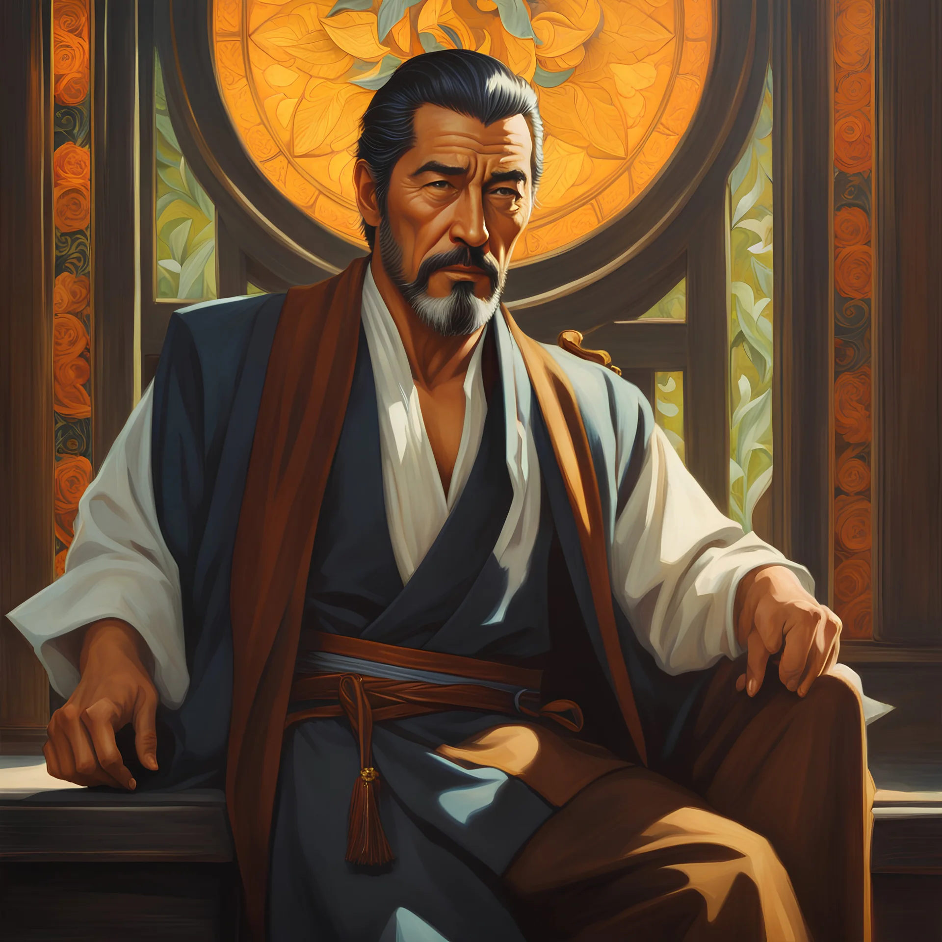 32 old age Toshiro Mifune, modern warlock, fullbody shot, best quality, amazing details, high detail, 8k, modern portrait of, fantasy d&d style, Rim lighting, perfect line quality, high pretty realistic quality oil painting, art by norman rockwell, Centered, dark outlines, perfect white balance, color grading, 16K, Dynamic pose, Sharp, Sharp edges