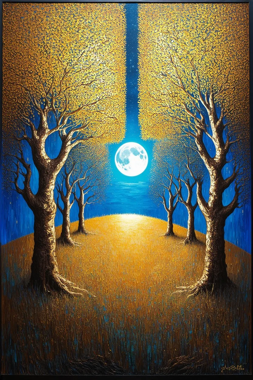 Where the trees have no name and the moon is the only witness; surreal celestial art with golden trees with a Klimt palette