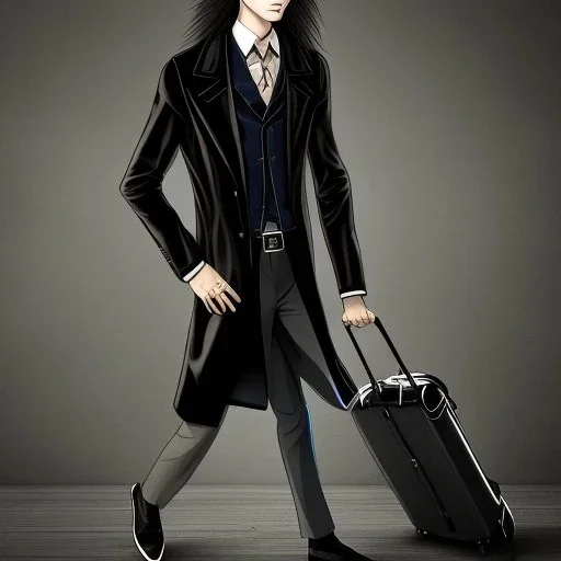 A tall slender young man with long hair and a black trench coat longingly waiting for his lover at an airport