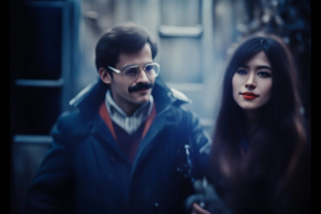 a young man and a beautiful woman standing next to each other, 1 9 8 0 s analog video, with mustache, small glasses, cold scene, out of focus background, house on background, the woman has long dark hair, photo realistic