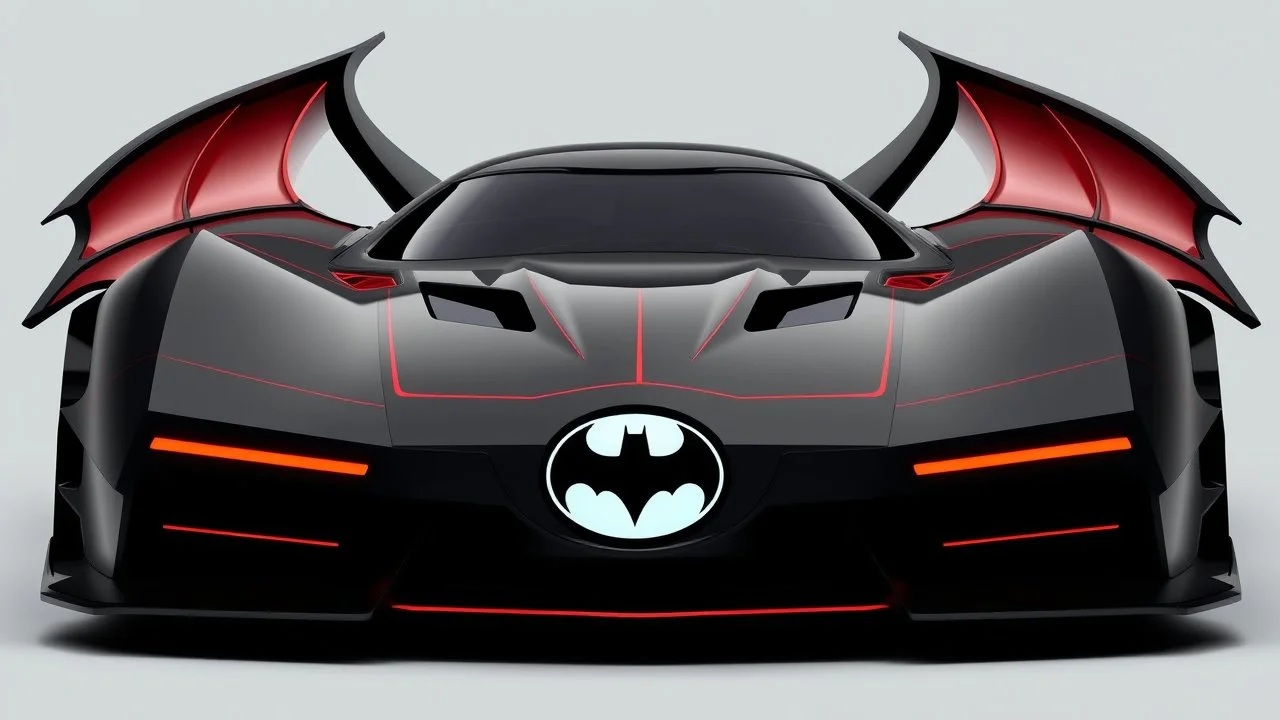 batmobile concept inspired from a 2025 ford mustang dark horse with a large elaborate spoiler and batman symbol style fins, batman symbol in grille, lower wind deflector. red stripes like 1960s adam west batmobile