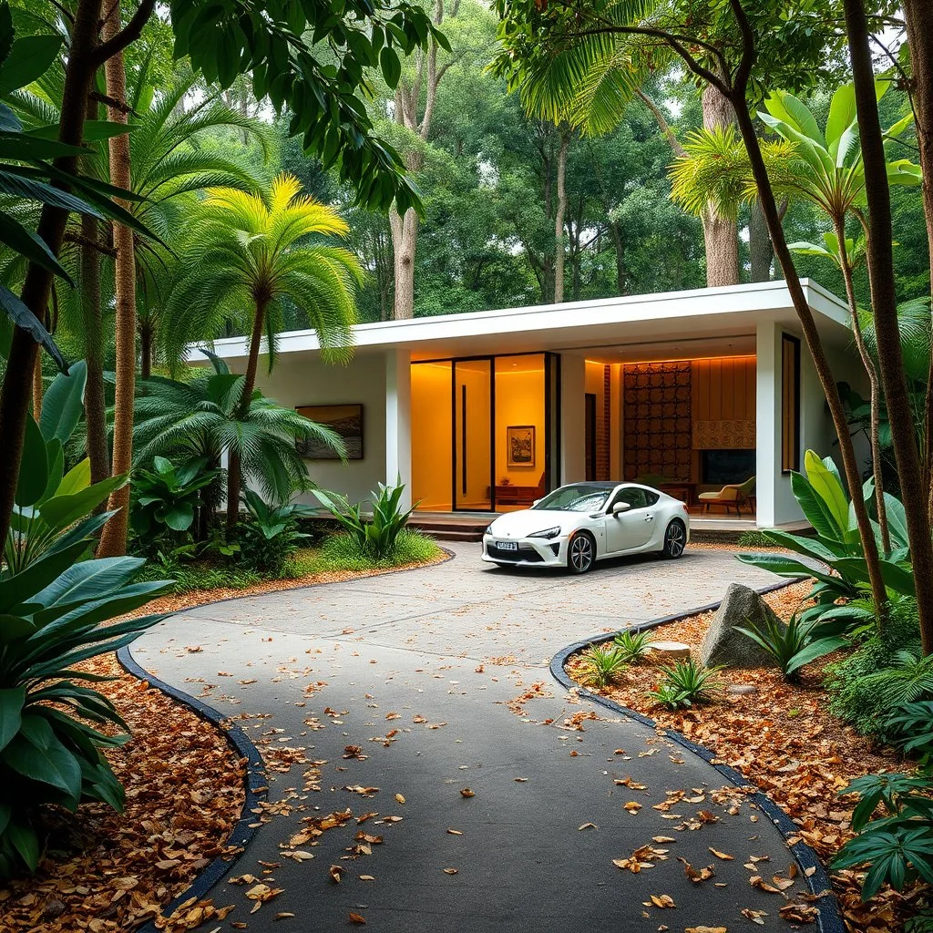 Cozy retreat, futuristic modern school in an tropical forest of vibrant colors. Contemporary design, clean lines and large windows, radiate a feeling of warmth and comfort. A white car parked on the winding road that leads to the house gives a touch of modernity to the rustic surroundings. The path is scattered with leaves. Around the house, mix of green, blue and yellow foliage. 8k