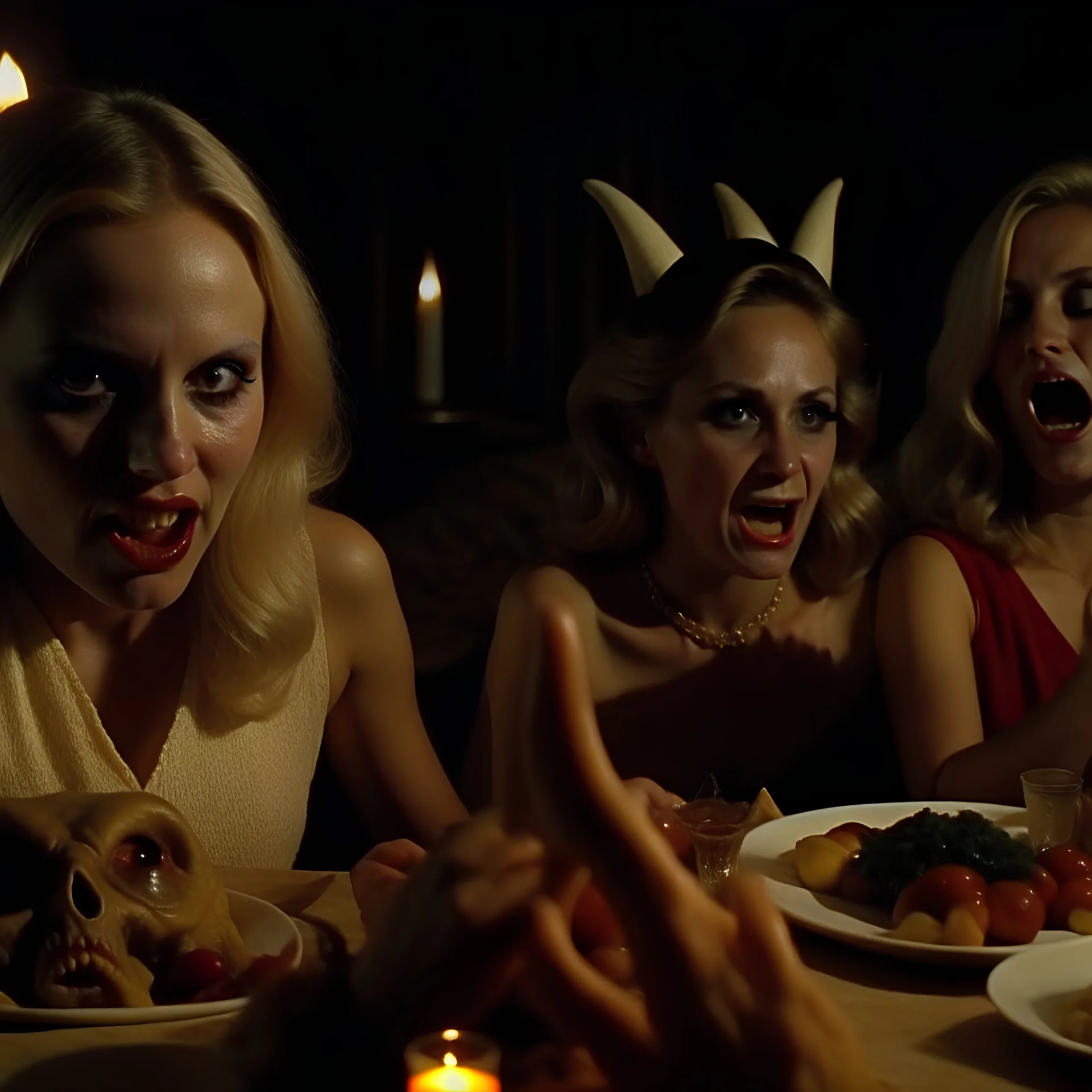 Horror movie shot, spooky, horns, hot, ultra realistic, dine, they enjoy and get excited, ultra realistic hot blonde women, party, pieces of meat, organs, ail, dynamic, very excited people, 1970's, Dario Argento, hypermaximalist figures, light, Italian horror movie, sinister, ornate, 4k, photorealism