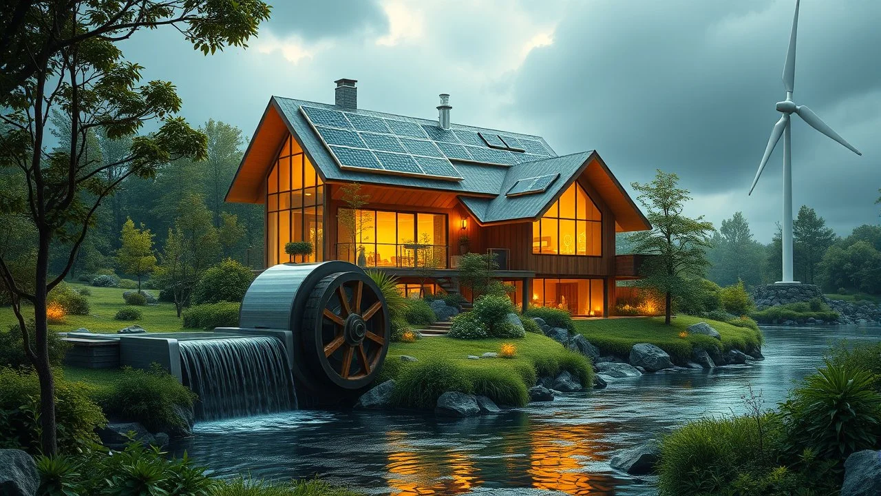 6003. Innovative environmentally-friendly home, solar panels, water wheel in river, alternative energy, wind turbine, scientific experiment, home of the future, fantasy, robotic, magic, automated, spectacular, futuristic, beautiful lighting, attractive composition, photorealistic, extremely detailed, chiaroscuro