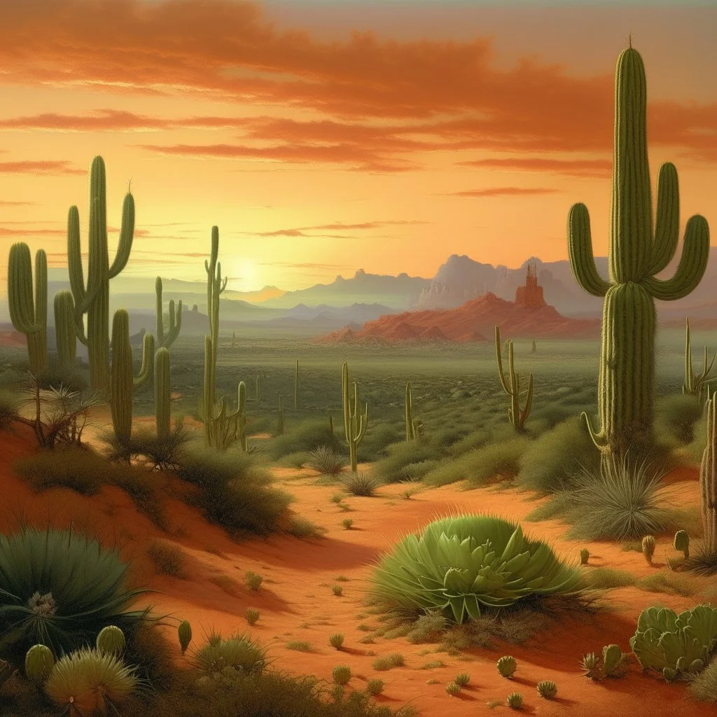 A light rosy orange colored arid stretch of land with electrical cacti painted by Ivan Aivazovsky