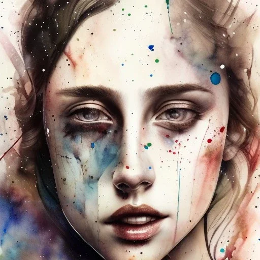 Singer Danish MØ face, watercolor illustration by <agnes cecile>, dark tones,