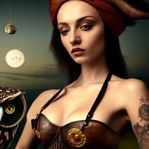 hyper realistic, beautiful russian girl, short black air, green eyes, with owl tatoo, dressed a steampunk pirate, bra with carved leather, Tintoretto ships in background. salvador dalì style. high details, meteor shower. 4k, unreal engine