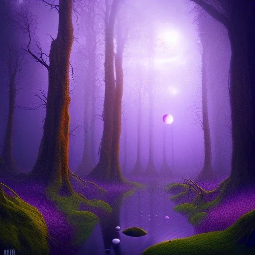 rainy forest with a purple planet over the land