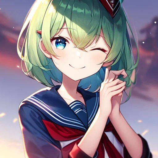 Clear focus, High resolution, short light green hair, blue eyes, wearing a sailor uniform, red tie, wearing a sailor skirt, eyes closed, smiling, 1girl, spiky hair, not alot of hair on the side of her head