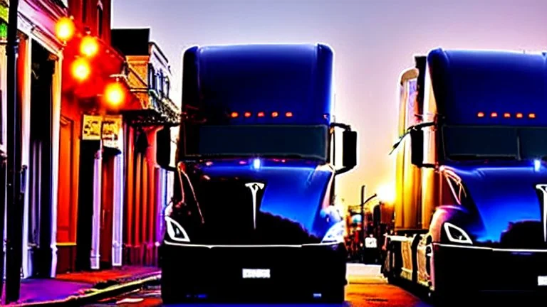 A Tesla semi-truck is parked, on the Bourbon Street, in New Orleans. CINEMATIC. WIDE ANGLE LENS.