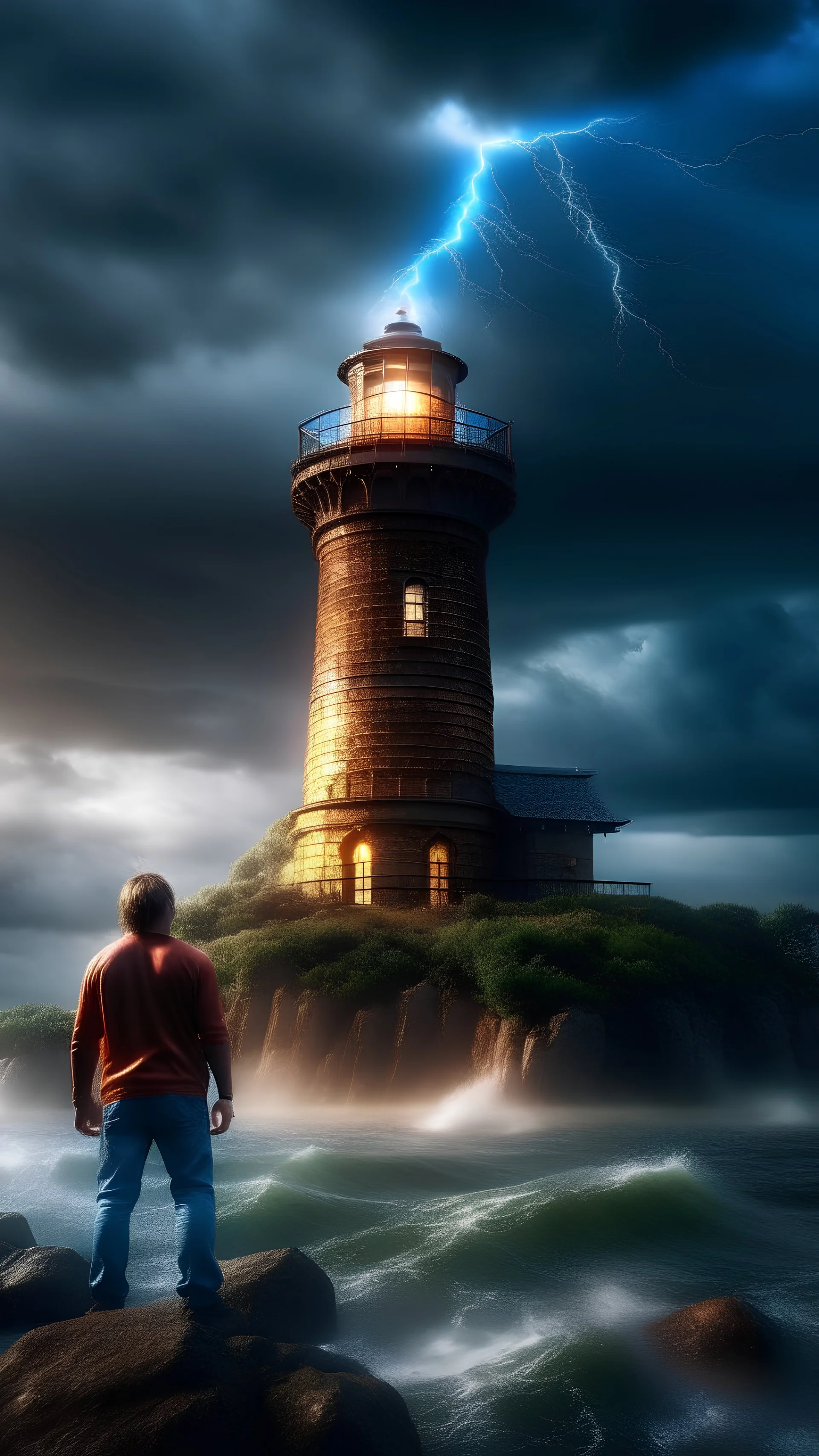 a photorealistic, 8k, ultra realistic, ultra detallado, como si fuera un faro al lado de una lago tesla coil visibles rayos de colores en todo su cuerpo, with the storm setting in the background