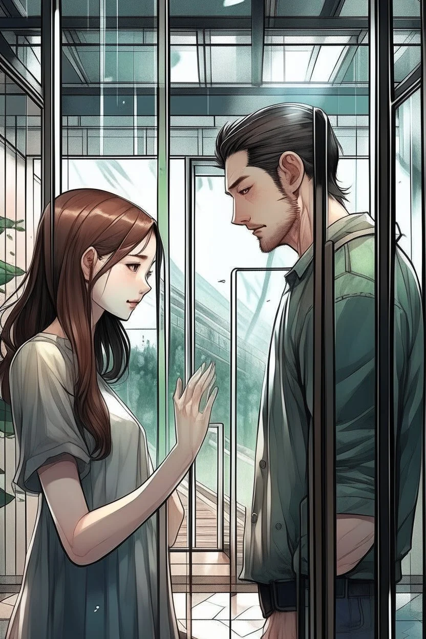 The cover of the song of a girl looks at a man and wants to go to him but there is a glass wall that prevents her and he can't see her Photorealistic