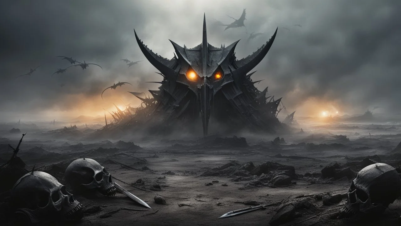 an apocalyptic landscape covered in dark gray dust. ancient battle field. rusty weapons and armor. broken dragon skulls everywhere. dead sun. dark grey mist. dead ocean in the distance. seen from the ground. fantasy, horror. no trees